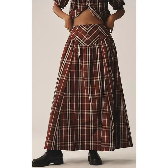 Anthropologie Maeve Maxi Skirt Women Drop Waist Taffeta Preppy Boho Size 2 New Maxi